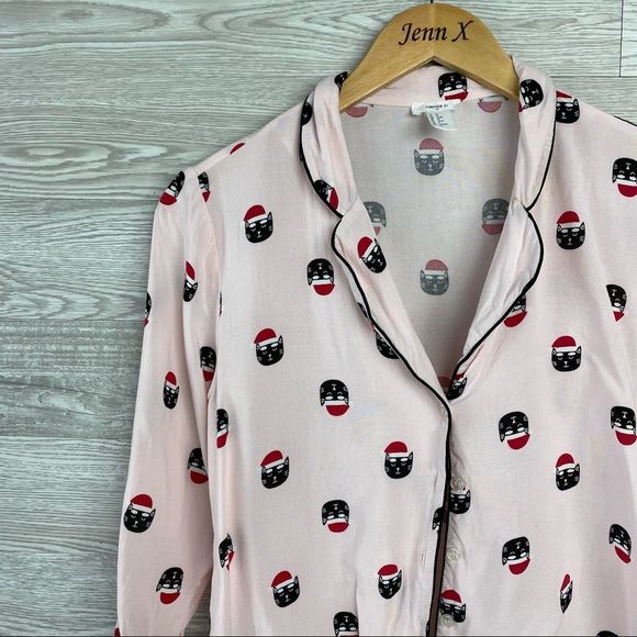 Forever21 Pink Pajama Button Up Pink Cat Top - Picture 4 of 7